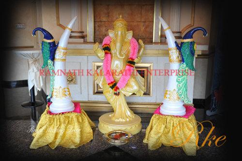 jaimala round stage for ganesha reception design with standing ganesha with 4 elephant task for locking in venues of wedding events of Hindu people in wedding stage and wedding mandap 