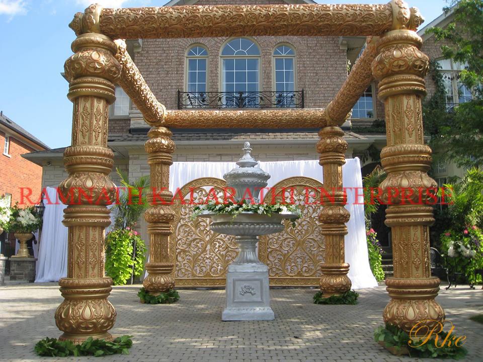 simple marriage pandal gold colour pillar with singing pipe theme canopy for marriage of indian people in uk usa and canada set up in 2 hour with 6 people light wait fiberglass pillar and canopy which easily handle by 2 people in transportation one palace to another palace 
